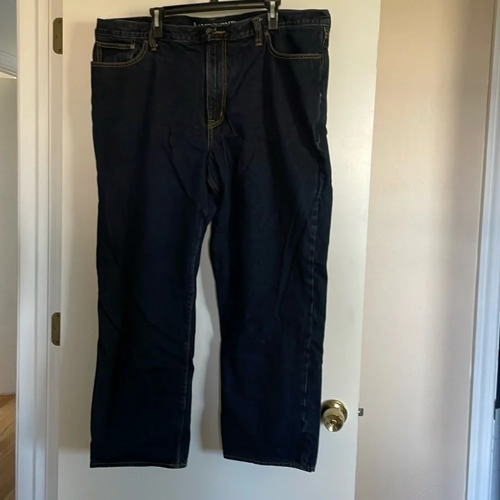 Lands end men’s flannel lined jeans 42x30. Classic tartan plaid print/Dark denim